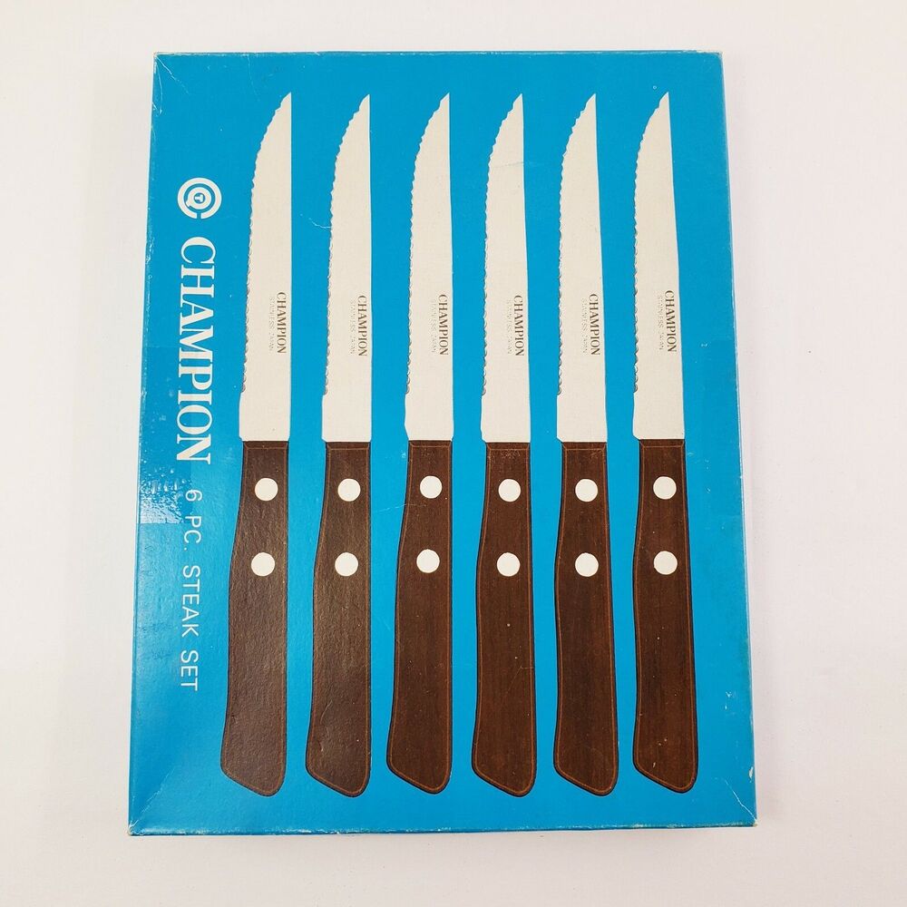 Vtg Champion 6 Pc Steak Knives Serrated Wood Riveted Handles Kitchen Utensils